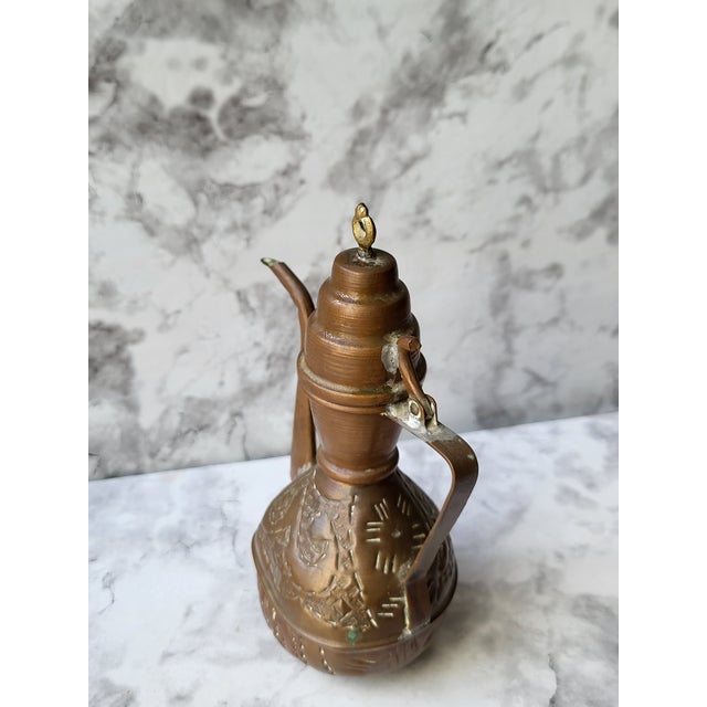 Folk Art 1960s Handcrafted Copper Coffee Pot Etched Middle Eastern For Sale - Image 3 of 17