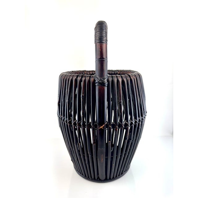Black Vintage Mid Century Black Rattan Tapered Basket With Bentwood Handle For Sale - Image 8 of 13