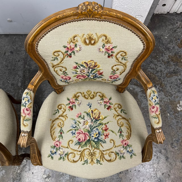 Early 20th Century Antique Louis XV Style Needlepoint Arm Chairs, Pair For Sale - Image 5 of 12
