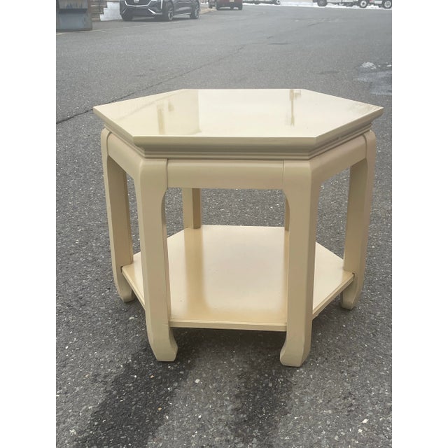 Of hexagonal form this lovely factory finish table measures 24” h x 21” w. Unsure of maker but as you can see made in USA,...