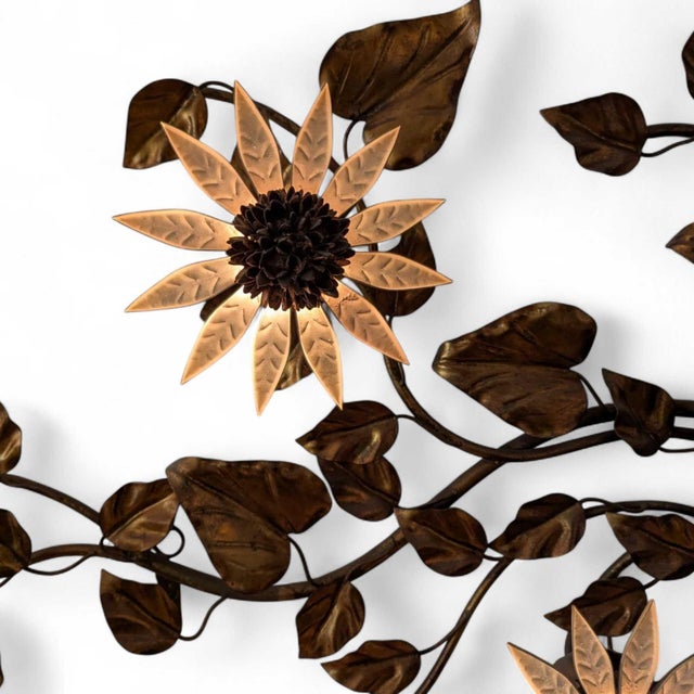 1970s Vintage Italian Gilt Tole Sunflower Wall Sconce, 48.5 In For Sale - Image 5 of 10
