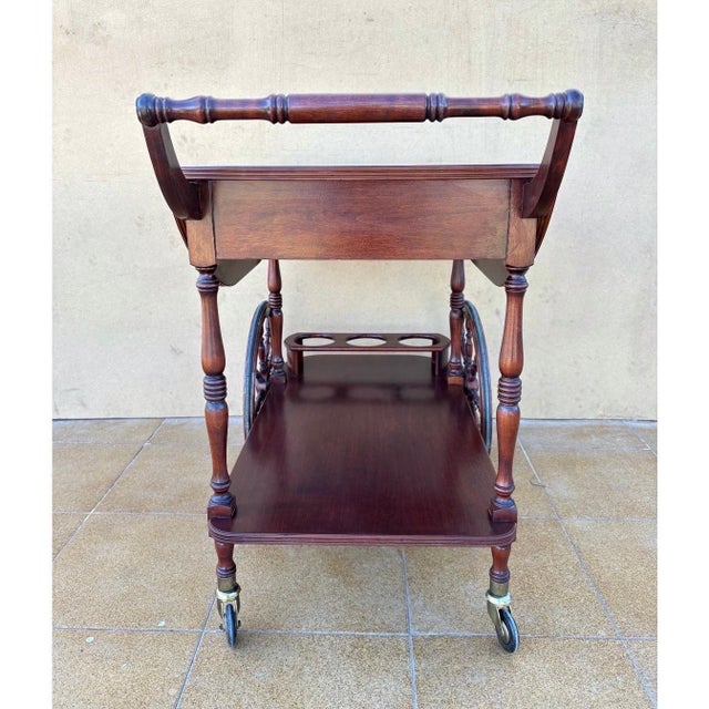 Vintage Wood Tea & Bar Cart with Drop-Leaf Sides and Bottle Holder, 1940s For Sale - Image 9 of 10
