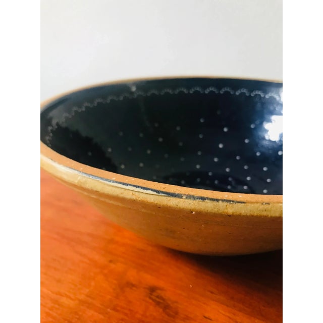 Mid 20th Century Country Rustic Navy Blue Polka Dot Yellowware Mixing Bowl For Sale - Image 5 of 7
