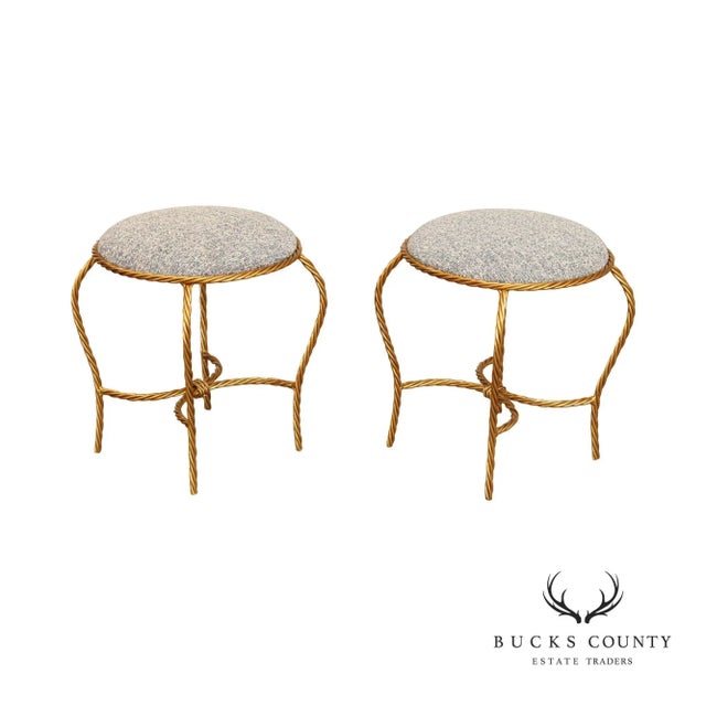 Hollywood Regency Pair of Gilt Metal Rope Twist Stools For Sale - Image 13 of 13