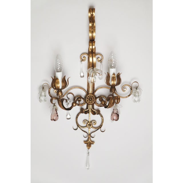 Hollywood Regency Venetian Style Wall Sconce with Crystal Bulbs and Leaves, 1950s For Sale - Image 11 of 16