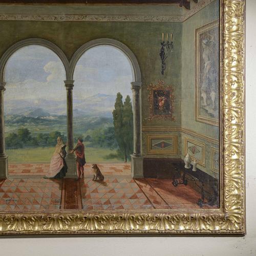 This captivating 20th-century oil on canvas depicts a refined perspective view imbued with charm and mystery. The work...