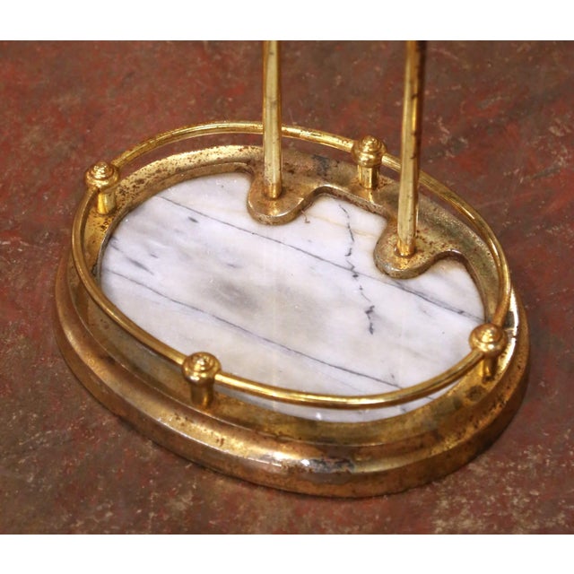 Brass Mid-Century French Brass and Marble Five-Piece Fireplace Tool Set With Stand For Sale - Image 8 of 10