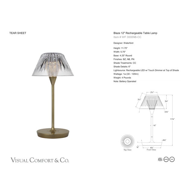Waterford by Visual Comfort Signature Blaze 12" Rechargeable Table Lamp in Natural Brass with Clear Crystal Designer:...