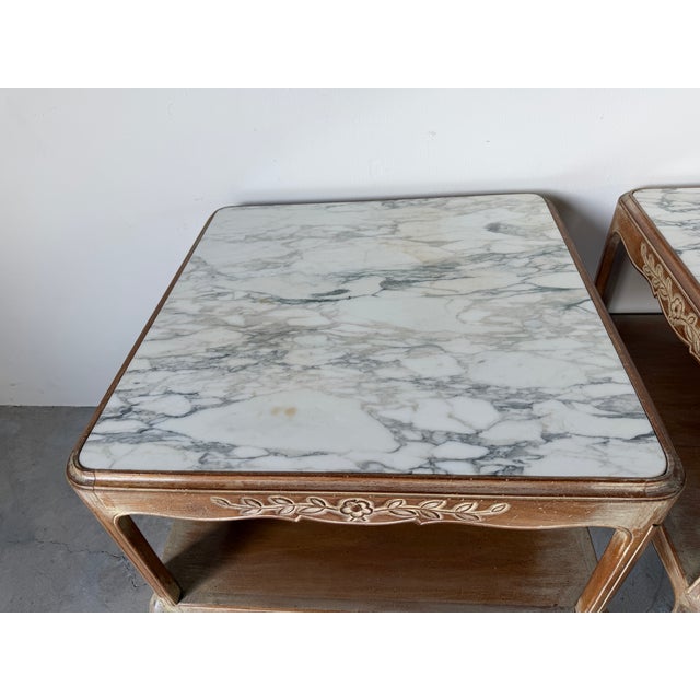 1970s Vintage French Provincial Style Two Tier Marble Top End Tables – A Pair For Sale - Image 5 of 17