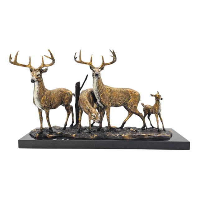 Bronze Deer Group Sculpture on Black Marble Base — Stag and Wildlife Figurine For Sale