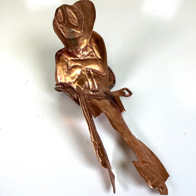 Cowboy Thin Copper Sculpture Figure Western Chaps Saddle Vintage 7.5”l Brutalist For Sale - Image 4 of 11