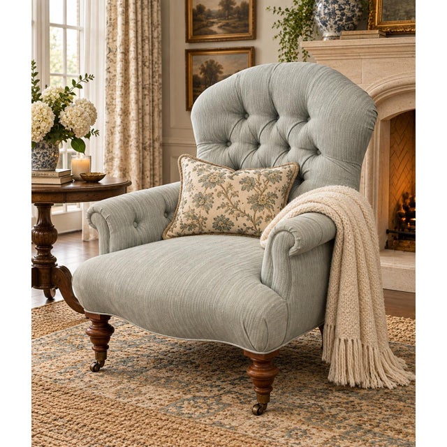 Vintage English Rolled Arm Pale Blue Upholstered Chair For Sale - Image 9 of 9