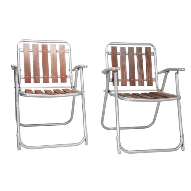 Pr. Vintage Aluminum and Wood Folding Lawn Chairs C 1960/70's For Sale In New York - Image 6 of 11