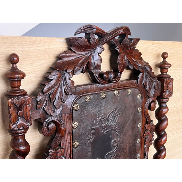 Pair of Colonial Catalan Spanish Altar Armchairs With Carved Leather For Sale - Image 9 of 12