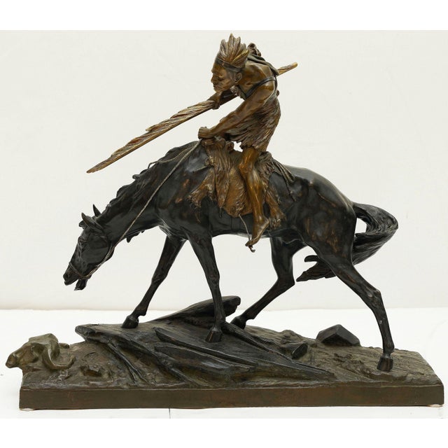 Bronze Bronze Sculpture of a Native American Warrior on Horseback by Èdouard Drouot For Sale - Image 8 of 13
