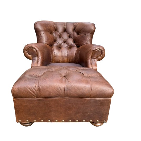 Cabin Cigar Leather Restoration Hardware Chair & Coordinating Ottoman, a Pair For Sale - Image 3 of 18