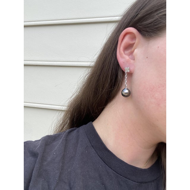 Tahitian Pearl & Diamond Dangle Earrings, 14k White Gold, Length 1.75 Inches, A Pair For Sale - Image 4 of 4