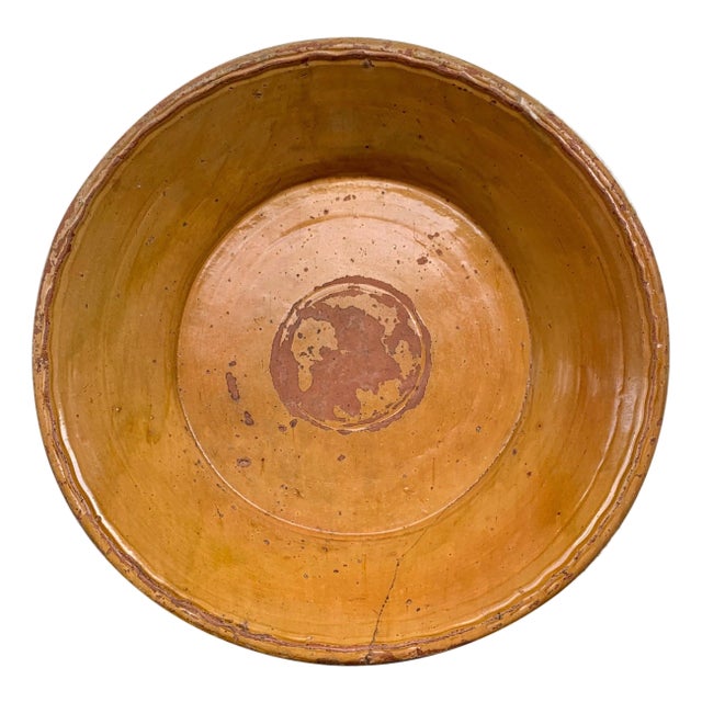 19th Century Spanish Hand Thrown and Glazed Mustard Brown Stoneware Pottery Bowl For Sale