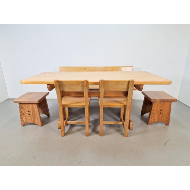 Vintage Dining room set trestle table, bench, 2 chairs and 2 stools Elm wood, chalet style with closed legs on one side....