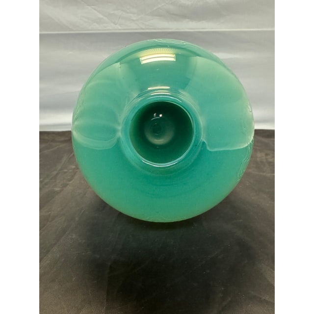 Mid-Century Modern Vintage Mid Century Style Art Glass 10” Vase Emerald Seafoam Ombre Etched Swirls For Sale - Image 3 of 9
