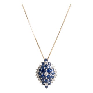 1980s 14k Gold Diamond & Blue Sapphire Cluster Pendant Necklace For Sale