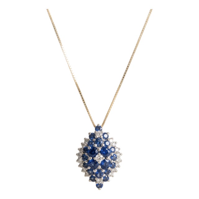 1980s 14k Gold Diamond & Blue Sapphire Cluster Pendant Necklace For Sale
