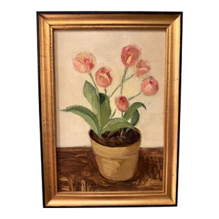 21st Century Oil on Canvas Pink Tulips For Sale