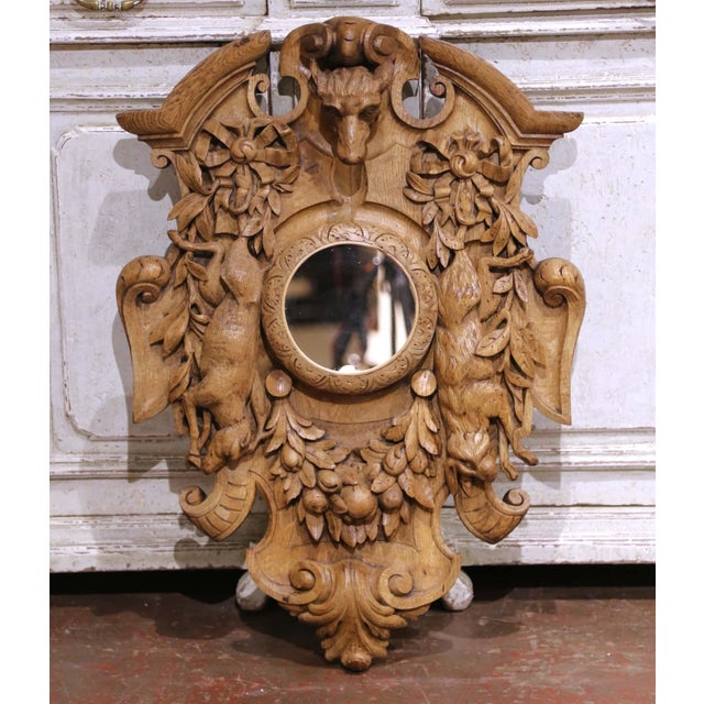 Late 19th Century 19th Century French Black Forest Carved Oak Hunting Wall Plaque With Mirror For Sale - Image 5 of 9