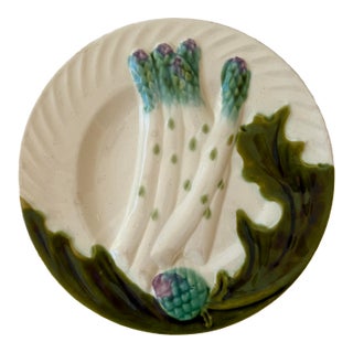 Antique French Salins Majolica Asparagus & Artichoke Plate — C. 1890 For Sale