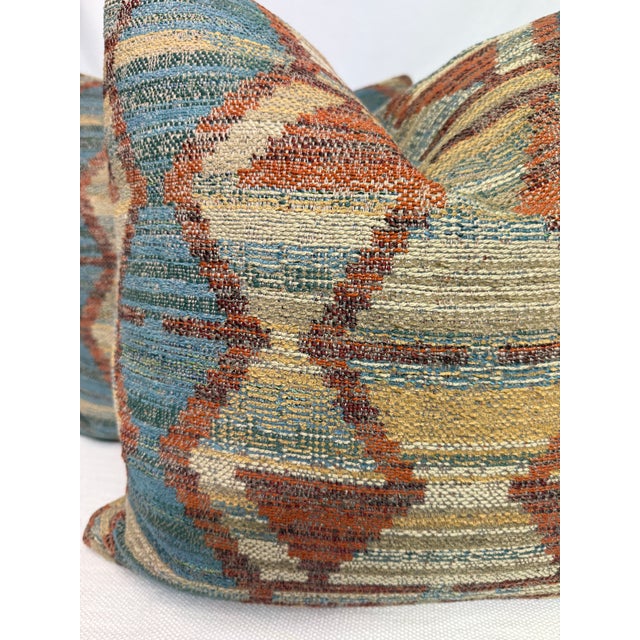 Transitional Woven Ikat in Teal/Russet 22" Pillows-a Pair For Sale - Image 3 of 3