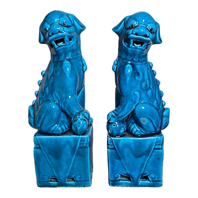 Vintage Pair of Turquoise Glaze Chinese Foo Dogs For Sale