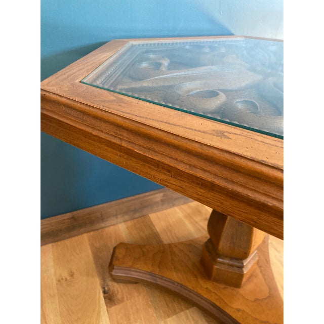 Vintage Hexagonal Wood & Glass Accent Table With Carved Top For Sale In Oklahoma City - Image 6 of 10