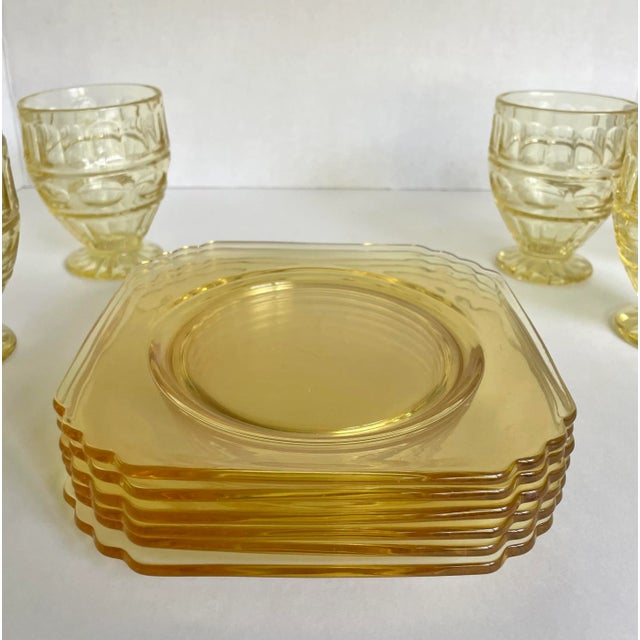 Early 20th Century Set of 12 Yellow Depression Era Glasses and Plates For Sale - Image 10 of 13
