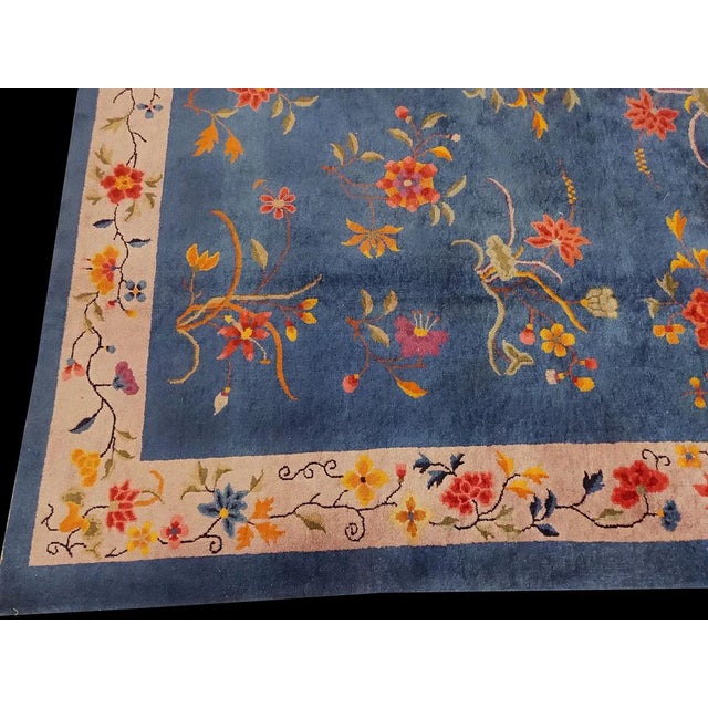 1920s Royal Blue Floral Antique Chinese Art Deco Rug 6'0" X 8'9" Knotted Wool Carpet For Sale - Image 4 of 9
