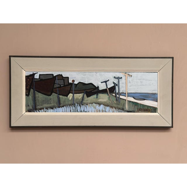 Ivar Ekelund, Coastal Landscape with Beached Boats, 1950s, Oil on Panel, Framed For Sale - Image 6 of 14