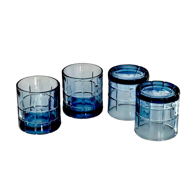 Mid-Century Modern Vintage Anchor Hocking Old Fashioned Glasses in Tartan Blueberry, Set of 4 For Sale - Image 3 of 11