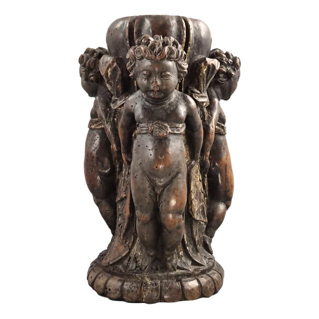 18th Century Baroque Italian Carved Walnut Torchiere Base with Three Putti For Sale