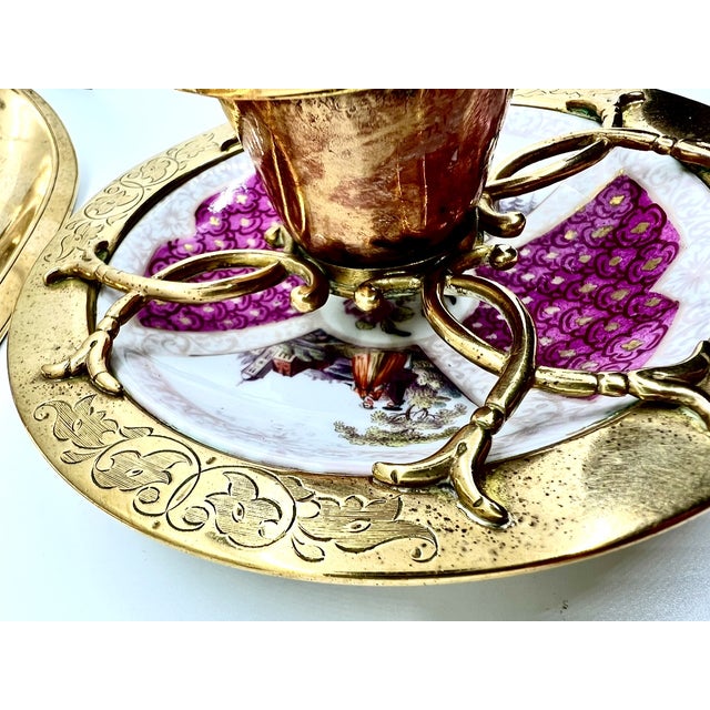 Antique Paris Porcelain Inkwell and Pen Tray with Watteau Scenes and Gilt Brass, 19th Century, Set of 2 For Sale - Image 10 of 15