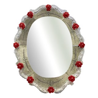 Venetian Murano Glass Oval Red Floral Wall Mirror by Simoeng For Sale