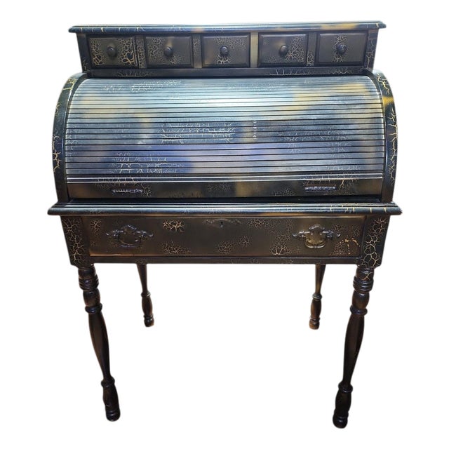 Vintage Crackle Finish Tambour Rolltop Desk For Sale