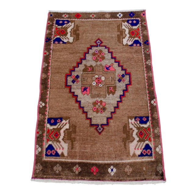 1970s Small Turkish Rug Hand Knotted Faded Entryway Mat Bath Rug Kitchen Rug - 18'' X 30'' For Sale - Image 5 of 13
