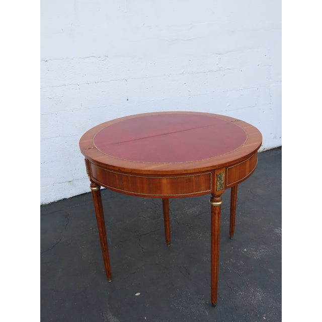 French Demilune Inlay Leather Top Console Flip Top Card Table 6916 For Sale - Image 9 of 18
