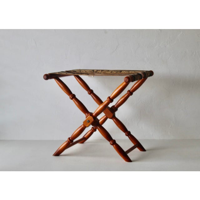 Late 20th Century Vintage French Beechwood and Tapestry Folding Luggage Rack Nailhead Detail For Sale - Image 5 of 18