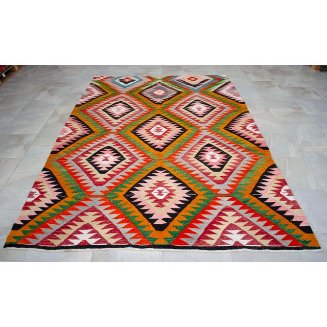 Textile Vintage Turkish Rug Kilim, Handwoven Primitive Tribal Statement, Bohemian Area Rug - 6′4″ X 9′4″ For Sale - Image 7 of 14