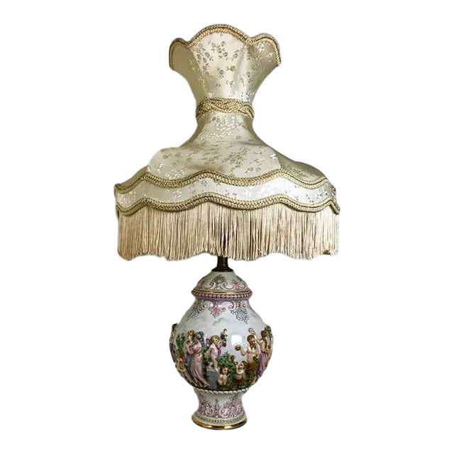 Italian Capodimonte Porcelain Lamp • Sculpted Mythological Figures • Victorian‑Style Shade For Sale