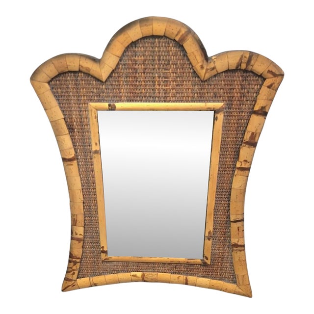 Vintage Coconut Shell Wicker Arched Coastal Regency Wall Mirror For Sale