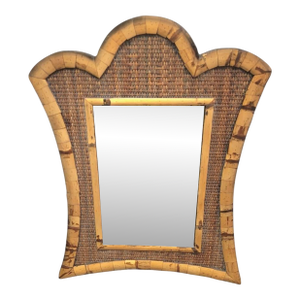 Vintage Coconut Shell Wicker Arched Coastal Regency Wall Mirror
