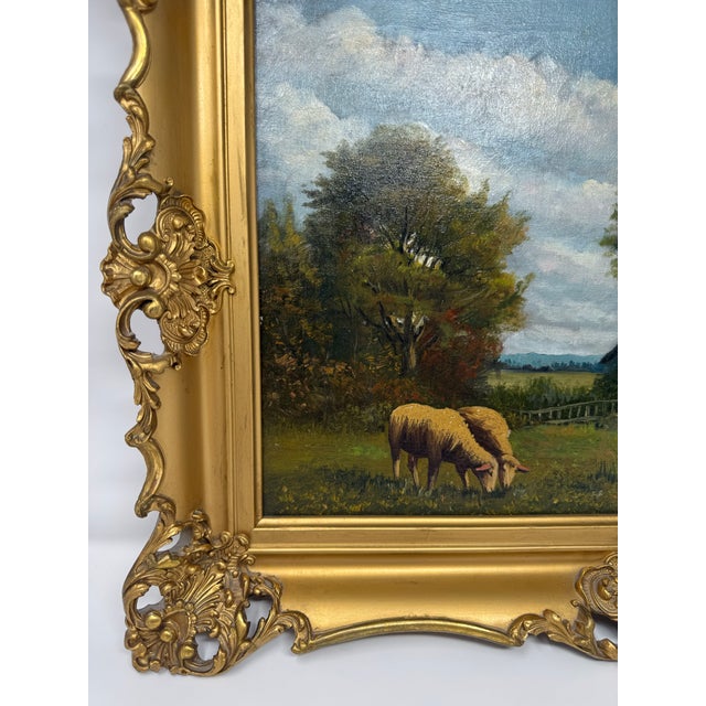 Mid 20th Century Signed European Pastoral Oil Painting in Ornate Rococo Gilt Frame With Grazing Sheep For Sale - Image 4 of 12