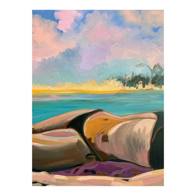 "La Dolce Vita" by Javiera Da Fonseca Ilić, California Tropical Beach Scene, Dreamy Figurative Coastal Painting, Original Oil Painting For Sale