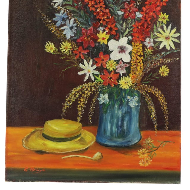 R. Aerdbeyde, Flowers with Hat, 1970s, Painting on Canvas For Sale - Image 8 of 12